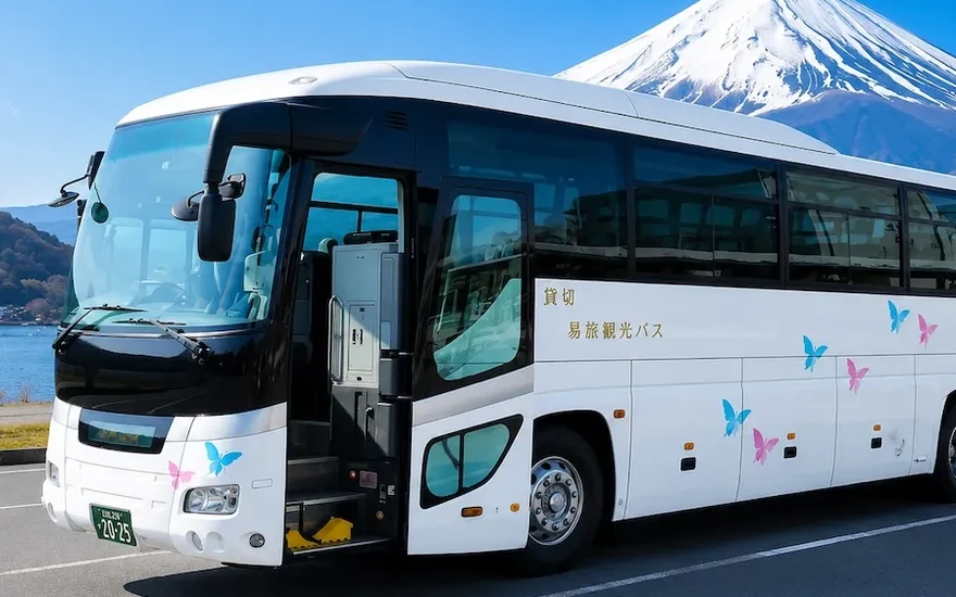 Large tourist coach with Mount Fuji backdrop for group travel in Japan